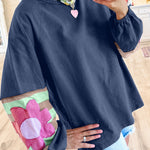 Sail Blue Flower Patchwork Raglan Sleeve Exposed Seam Oversized Top