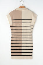 Khaki Stripe Color Block Quarter Zip Collar Short Sleeve Sweater Dress