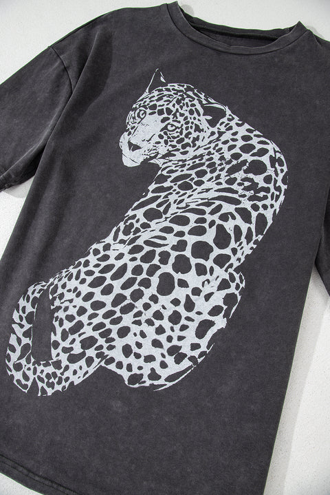 Medium Grey Vintage Cheetah Printed Mineral Wash Graphic Tee