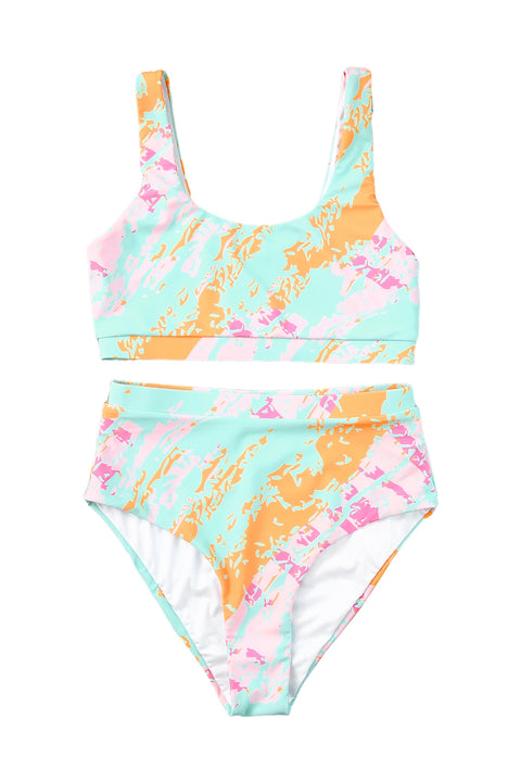 Abstract Waves Print High Waist Bikini Swimsuit