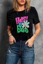 Black Happy GO Lucky Clover Print Crew Neck T Shirt