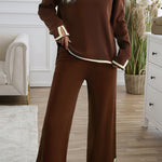 Coffee Contrast Trim Split Cuffs Long 2pcs Sweater Outfit Loungewear