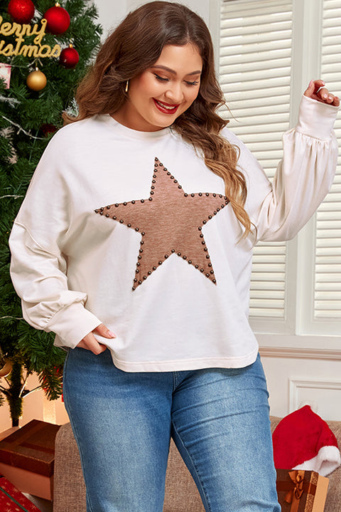 Beige Star Shape Studded Crew Neck Plus Size T Shirt