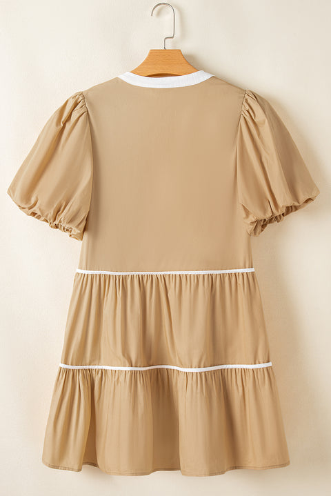 Pale Khaki Contrast Trim Pintuck Puff Sleeve Tied Neck Short Dress