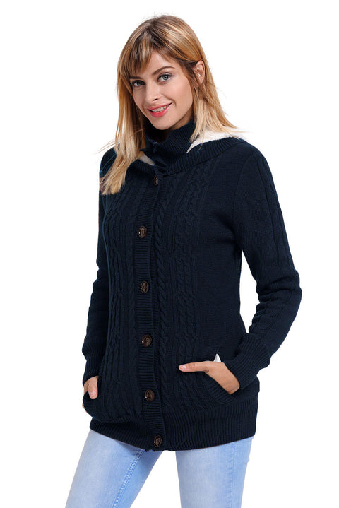 Navy Blue Long Sleeve Button-up Hooded Cardigans