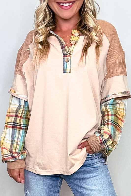 Parchment Plus Size Plaid Patchwork Layered Henley Top