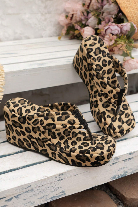 Light French Beige Leopard Platform Wedge Flip Flops