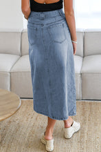 Dusk Blue Light Wash Belted High Waist Midi Denim Skirt