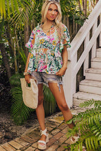 White Tropical Floral Print Ruffled Short Sleeve Blouse