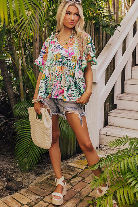 White Tropical Floral Print Ruffled Short Sleeve Blouse