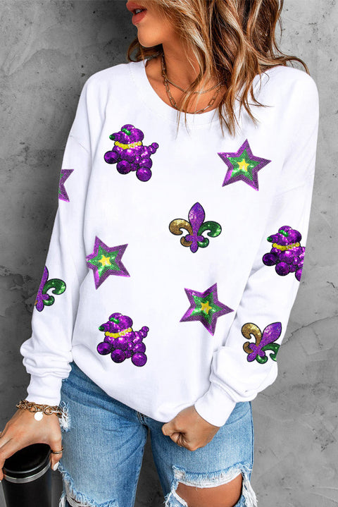 White Sequin Mardi Gras Element Graphic Crewneck Sweatshirt