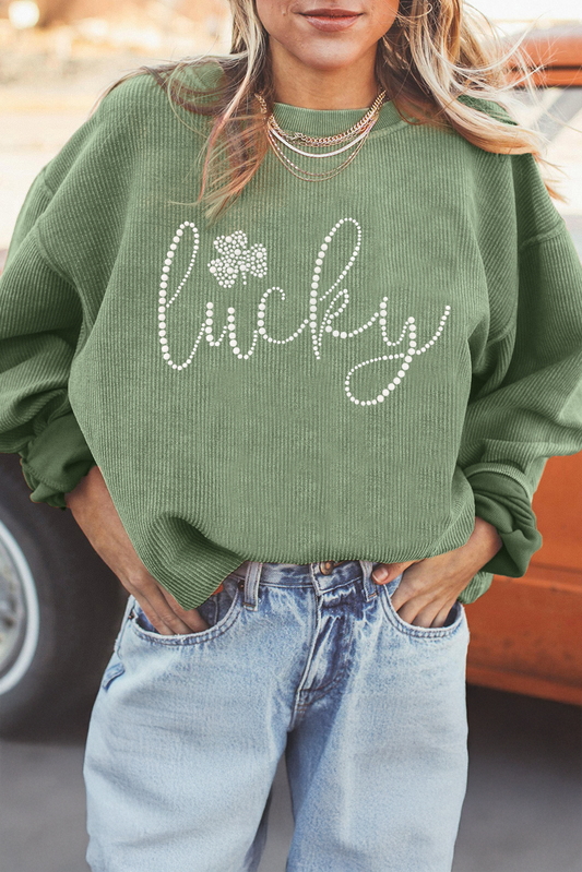 Grass Green Rhinestone lucky Clover Graphic Ribbed St Patrick Sweatshirt