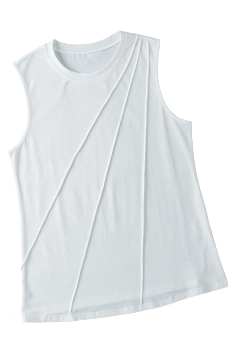 White Crew Neck Pleated Tank Top