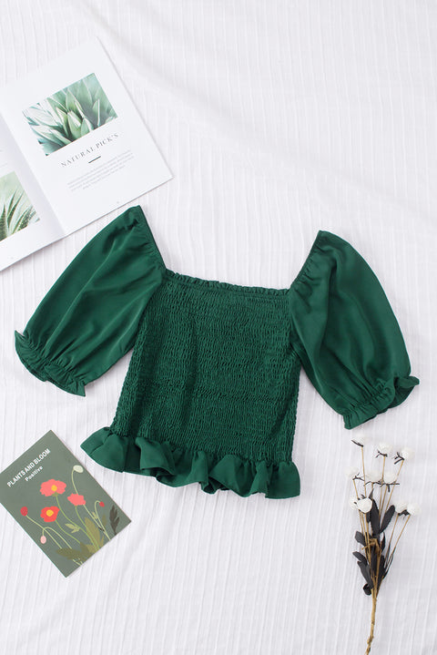 Green Smocked Puffy Sleeve Ruffled Top