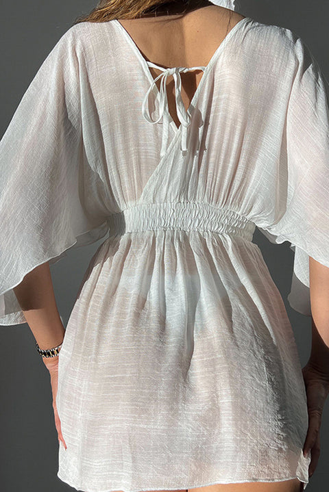 White Semi-sheer Wrapped Flowy Sleeve Beach Dress