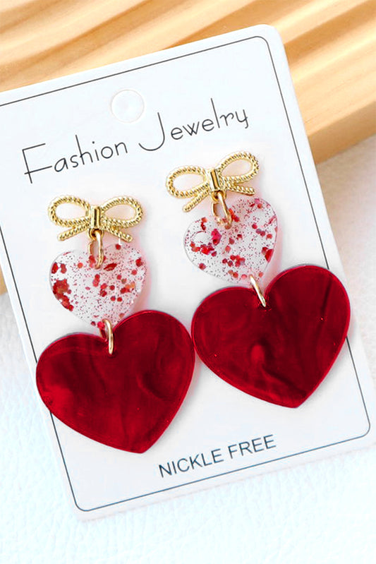 Fiery Red Bow Knot Heart Shape Dangle Earrings