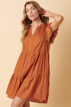 Russet Orange Ruffled Sleeve Notched V Neck Tiered Mini Dress