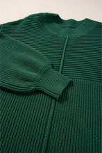 Blackish Green Textured Knit Crewneck Lantern Sleeve Sweater