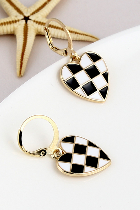 Black Checkered Heart Shape Hoop Dangle Earrings