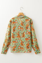 Green Tiger Floral Printed Collared V Neck Casual Shirt