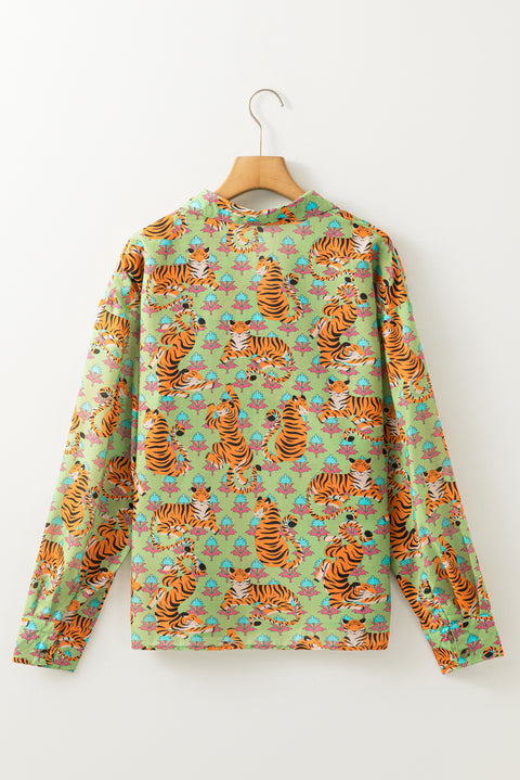 Green Tiger Floral Printed Collared V Neck Casual Shirt