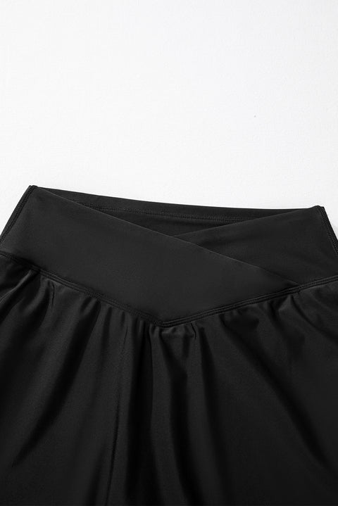 Black Solid Pocketed Crossover High Waist Swim Skort