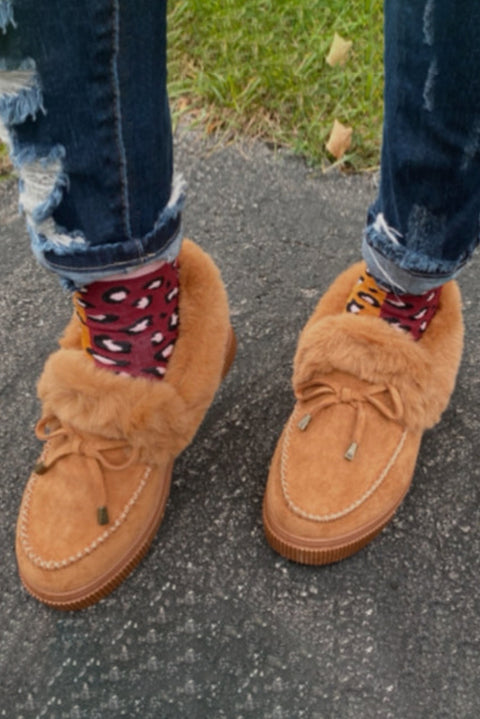 Brown Bow Decor Faux Suede Plush Lined Winter Flats