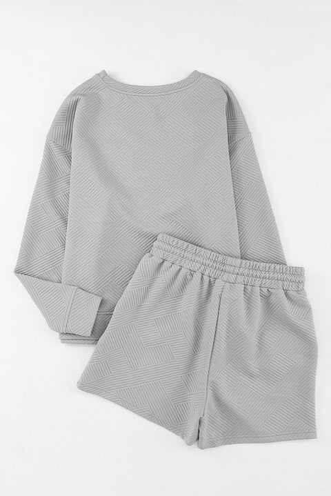 Gray Textured Long Sleeve Top and Drawstring Shorts Set