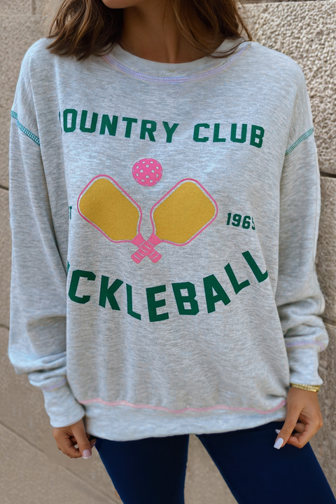 Light Grey COUNTRY CLUB PICKLEBALL Graphic Exposed Stitching Casual Sweatshirt