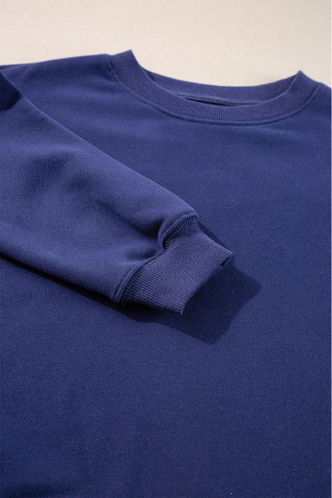 Navy Blue Plain Drop Shoulder Crewneck Pullover Sweatshirt