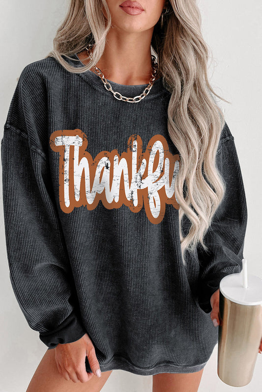 Black Thankful Printed Drop Shoulder Corded Thanksgiving Sweatshirt