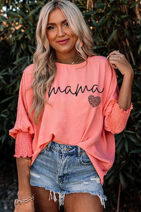 Pink mama Leopard Heart Print Shirred 3/4 Sleeve Top