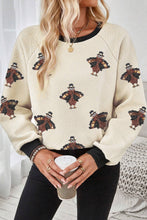 Jet Stream Textured Colorblock Edge Sequin Turkey Graphic Long Sleeve Top