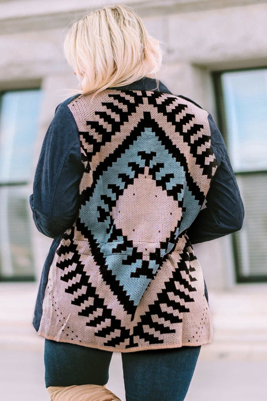 Blue Plus Size Corduroy Jacquard Knit Aztec Back Jacket