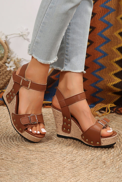 Camel Rivet Buckle Closure Wedge Sandals