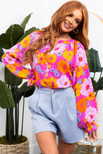 Rose Floral Print Flounce Sleeve Notched Neck Blouse