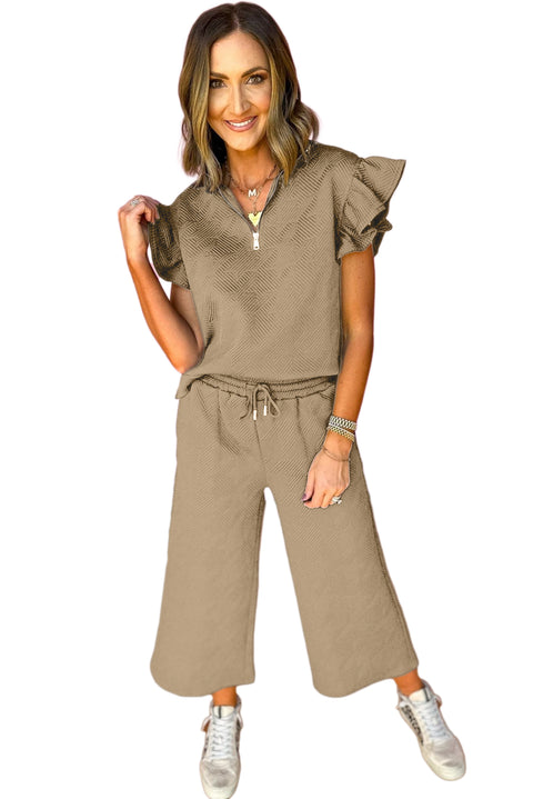 Pale Khaki Textured Flutter Sleeve Top Wide Leg Pants Set