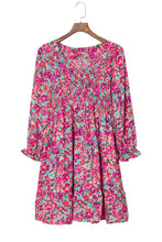 Smocked V Neck Puffy Sleeve Floral Dress