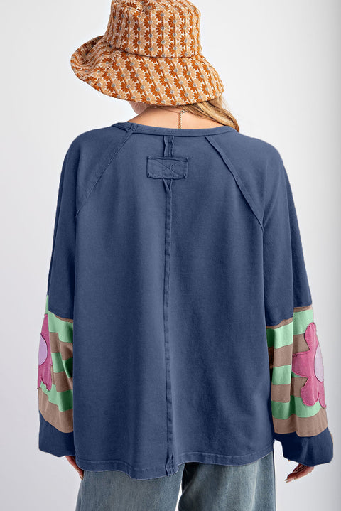 Sail Blue Flower Patchwork Raglan Sleeve Exposed Seam Oversized Top