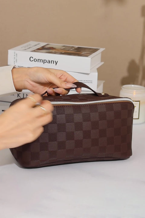 Chestnut Checkered Zipper Handle PU Leather Travel Makeup Bag