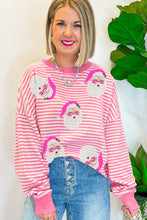 Pink Stripe Santa Clause Print Drop Shoulder Long Sleeve Loose Top