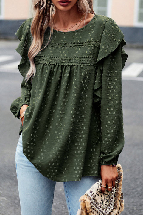 Blackish Green Lace Eyelet Ruffle Shoulder Long Sleeve Blouse