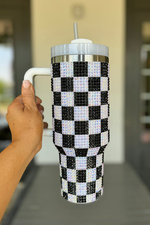 Black Full Rhinestone Checkerboard Handled Tumbler 40oz