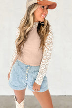 Smoke Gray Floral Lace Patchwork Long Sleeve High Neck Slim Top