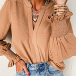 Straw Yellow Solid Color Shirred Cuff Notch V Neck Blouse