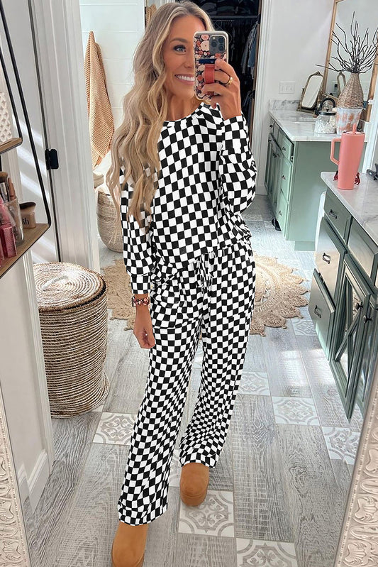 Black Checkered Print Long Sleeve Top and Pants Lounge Set