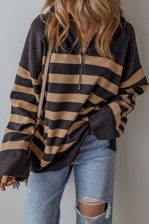 Black Stripe Collared Quarter Zipper Oversized Sweater