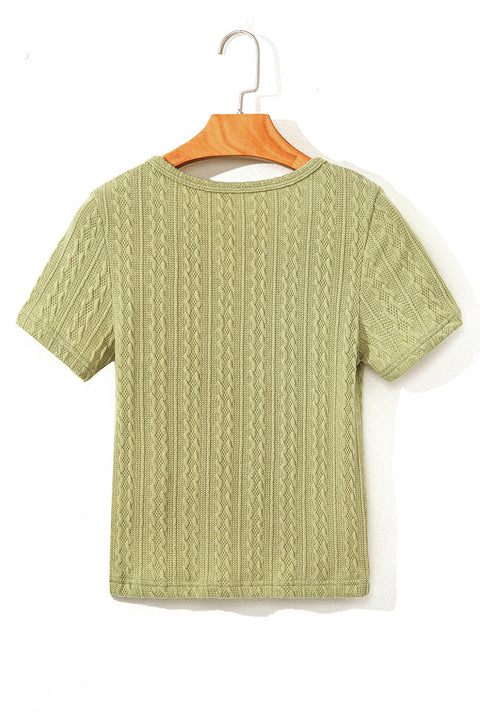 Spinach Green Textured Knit Slim Fit Notch V Neck T Shirt