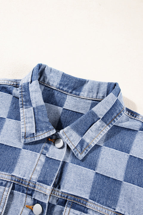 Light Blue Checkered Patchwork Button up Denim Jacket