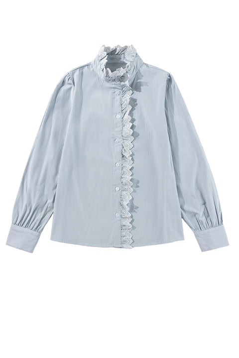 Sky Blue Stripe Frilled Trim Button Up Long Sleeve Shirt